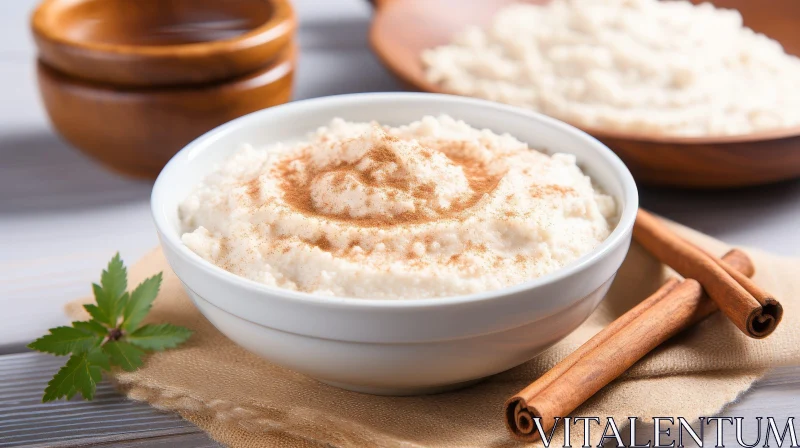 Delicious Rice Pudding with Cinnamon on Wooden Table AI Image