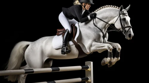 Equestrian Action: Woman Jumping White Horse Over Fence