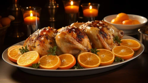 Exquisite Roasted Chicken Platter with Orange Slices and Candles