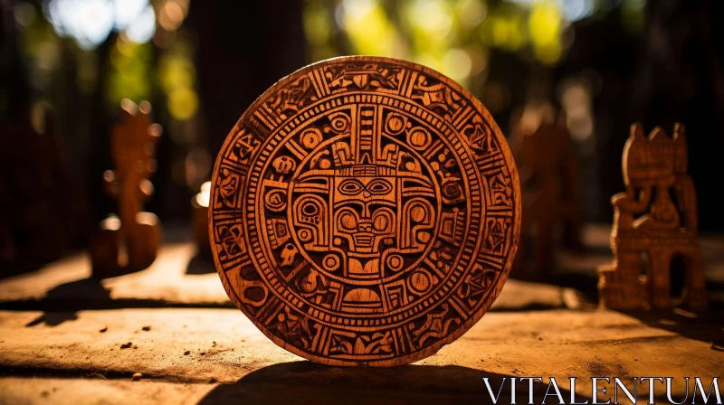 Intricate Mayan Wooden Calendar on Table AI Image