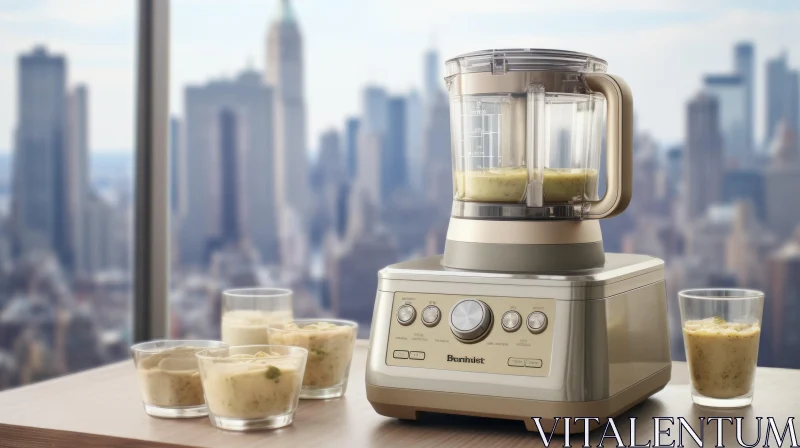 Modern Kitchen Blender and Glass Cups Cityscape AI Image