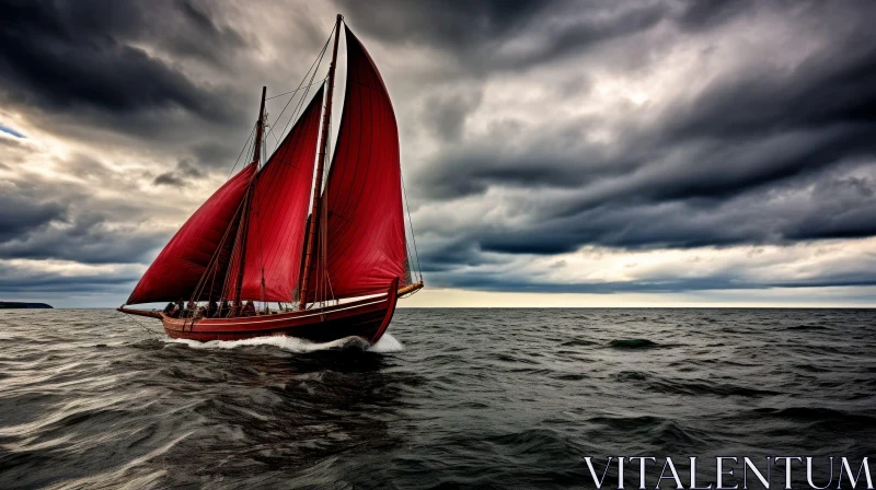 Red Sails Sailing Ship in Turbulent Sea AI Image