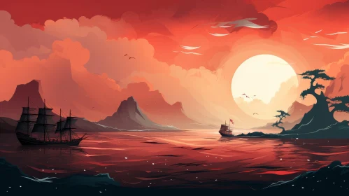 Red Sea Landscape with Moon and Ships