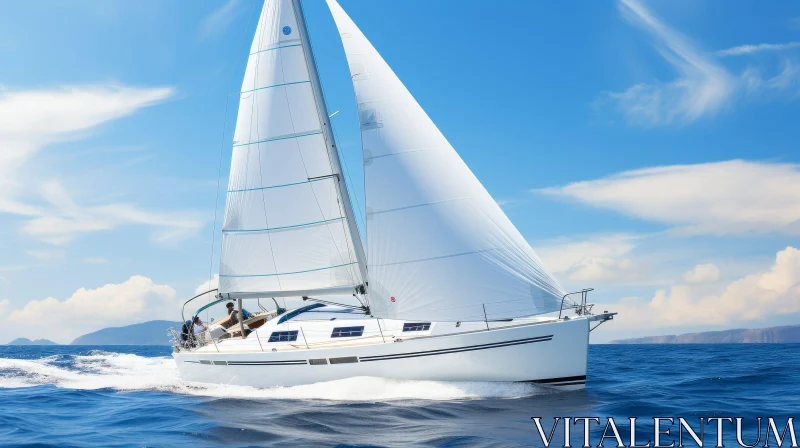 Sailboat on Blue Sea with White Sails and Splashing Water AI Image