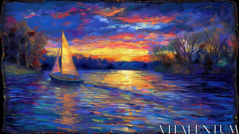 Sailboat on Lake at Sunset - Impressionistic Canvas Painting AI Image
