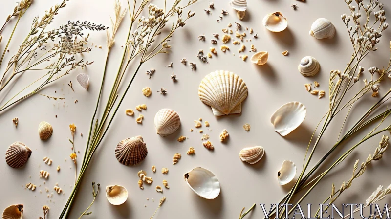 AI ART Seashells and Dried Plants Flat Lay on Beige Background