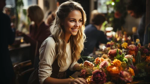 Smiling Woman Arranging Flowers in Vase