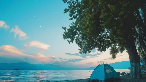 Tranquil Lakeside Campsite at Dusk