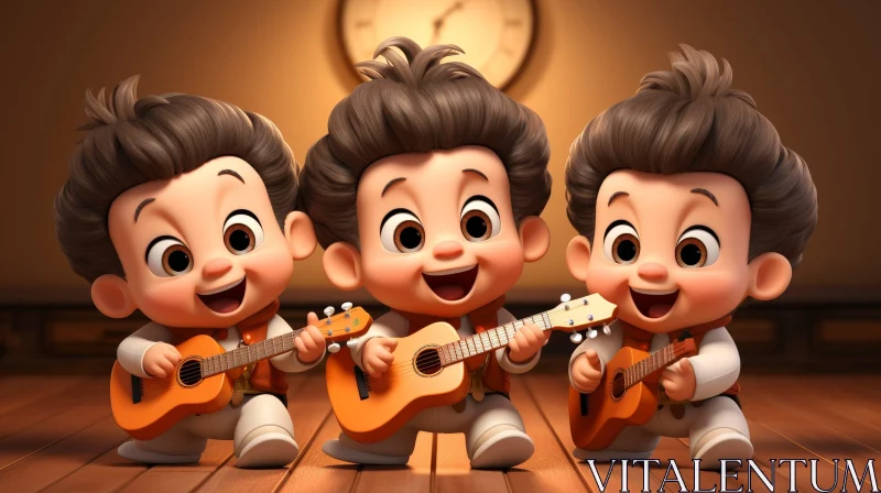 Adorable Cartoon Boys Playing Guitars Smiling AI Image