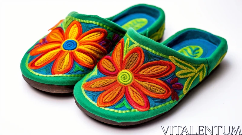 Handmade Green Suede Floral Slippers AI Image