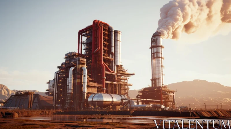 Industrial Oil Refinery Scene with Smokestack and Mountains AI Image