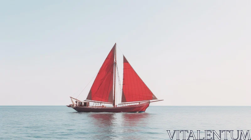 Red-Sailed Boat Sailing on High Seas AI Image