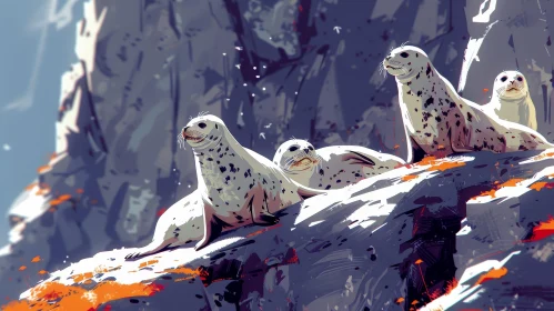 Three Seals on Snow-Covered Rock in Ocean