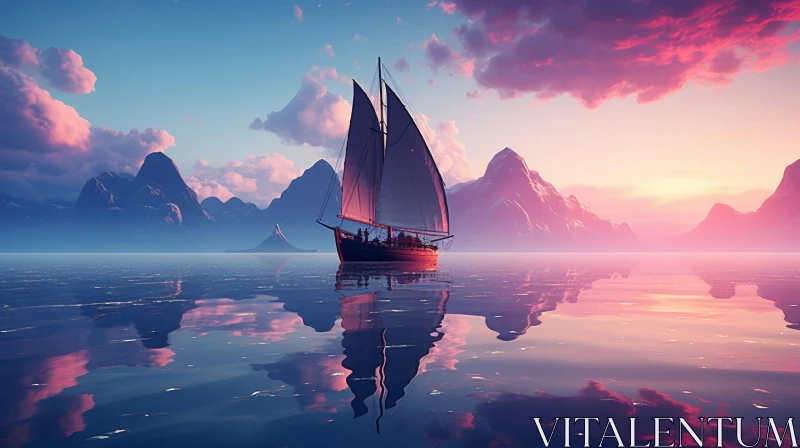 Tranquil Seascape at Sunset with Sailing Ship AI Image