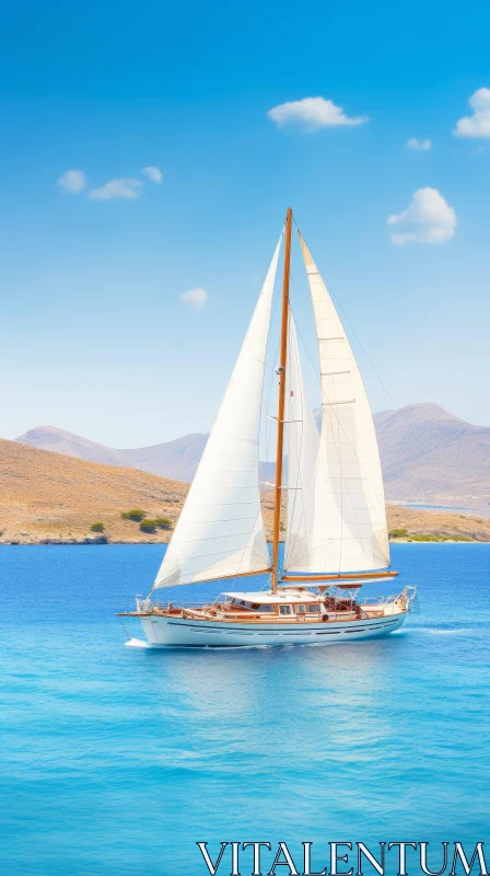 Tranquil Wooden Sailing Yacht on Blue Sea AI Image