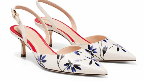 White High Heel Slingback Shoes with Floral Pattern