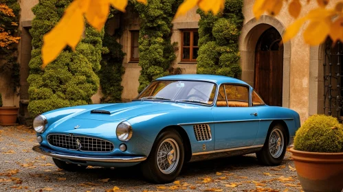 Blue Sports Car in Autumn Garden: Timeless Elegance