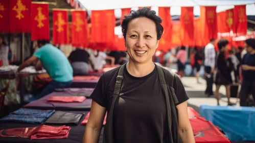 Cheerful Chinese Woman in Market Scene