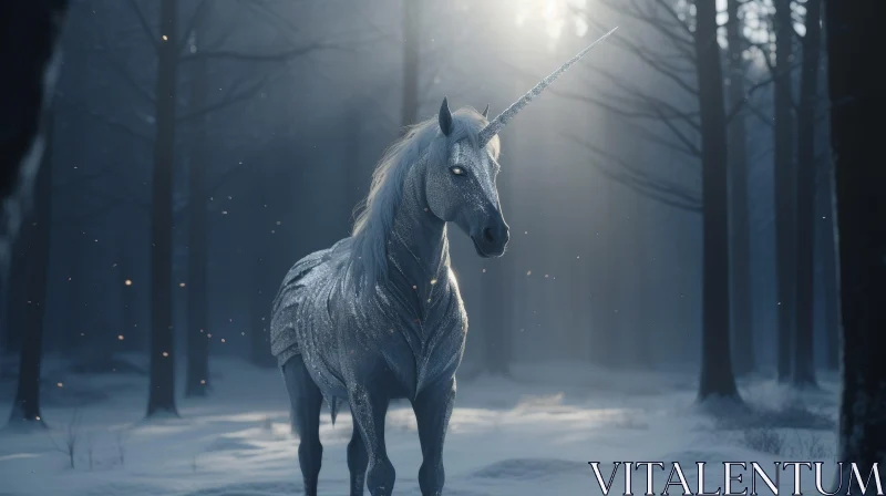 Enchanting Unicorn in Snowy Forest AI Image