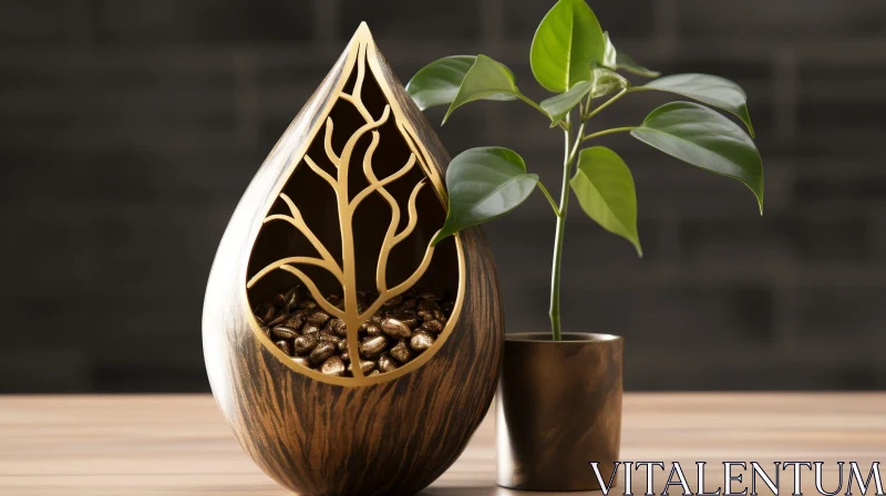 Golden Tree Design Teardrop Container 3D Rendering AI Image