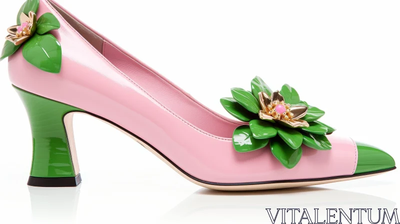 Pink High-Heeled Shoes with Green Floral Appliques AI Image