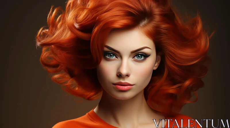 AI ART Serious Young Woman with Red Hair and Blue Eyes