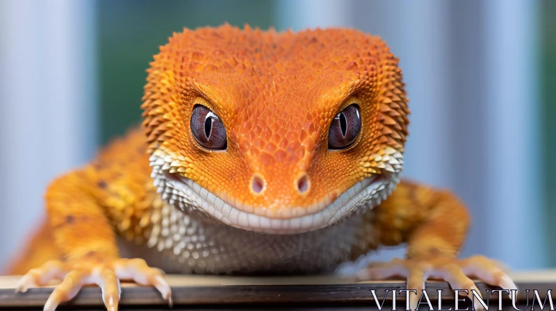 AI ART Smiling Orange-Red Lizard Close-Up on Branch