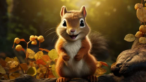 Smiling Squirrel on Tree Branch in Forest AI Image