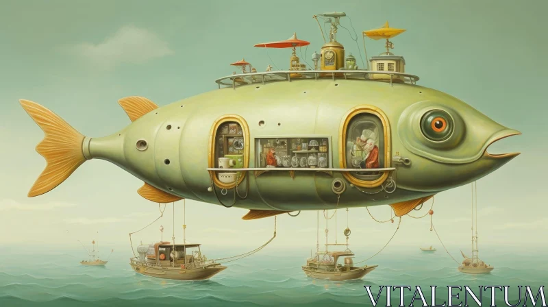 AI ART Surreal Fish-Shaped Airship Painting