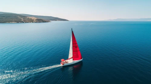 Tranquil Sailing Boat with Red Sails Along Coastline