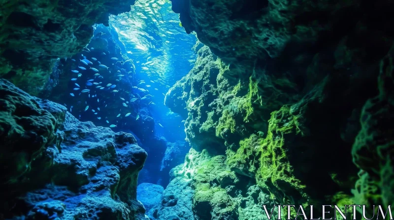 Underwater Cave Mystery with Illuminated Fish AI Image