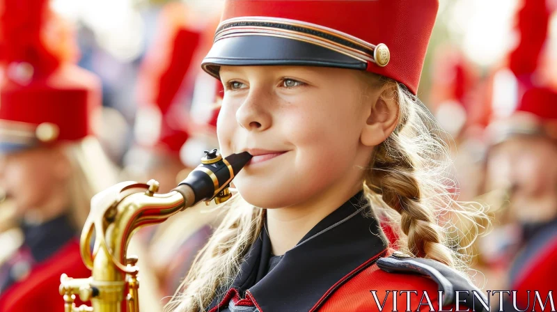 Young Girl Playing Saxophone in Red Uniform AI Image