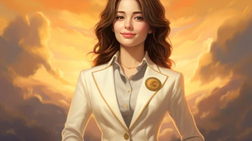 Young Woman in White Suit Jacket Smiling Against Cloudy Sky