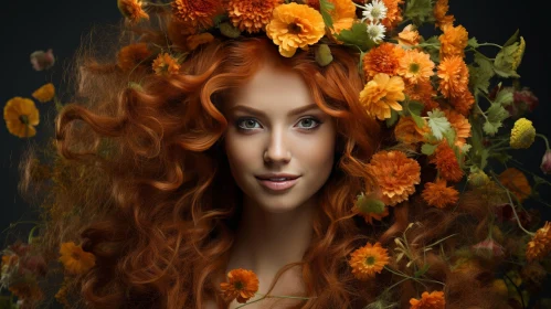 Young Woman Portrait with Red Hair and Orange Flowers