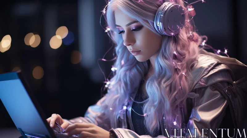 AI ART Young Woman with Silver Hair and Headphones at Work