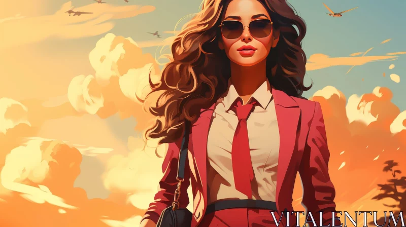 Confident Business Woman in Red Suit and Sunglasses AI Image