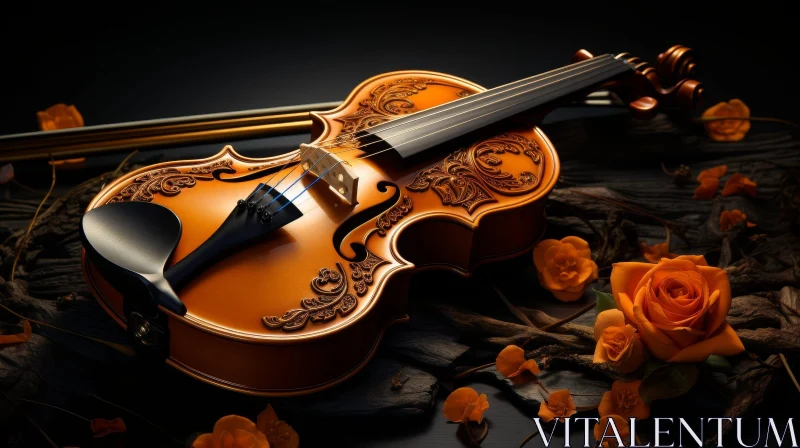 Dark Still Life: Violin and Orange Roses AI Image