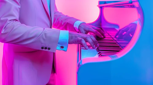 Elegant Man Playing Piano in Neon Setting