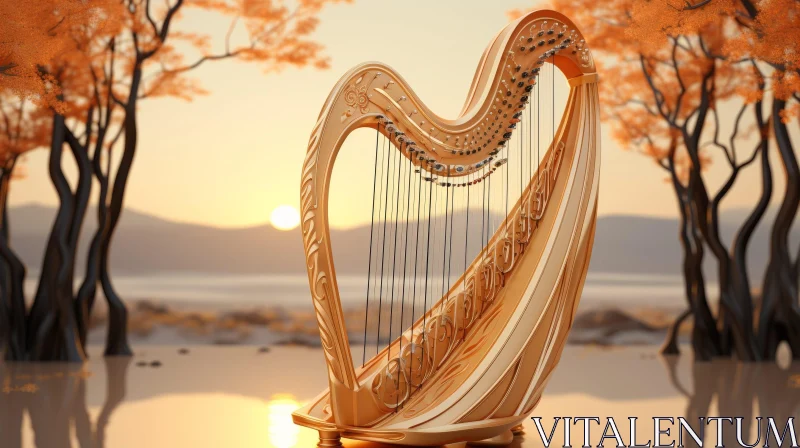 AI ART Enchanting Gold Harp in Forest Sunset