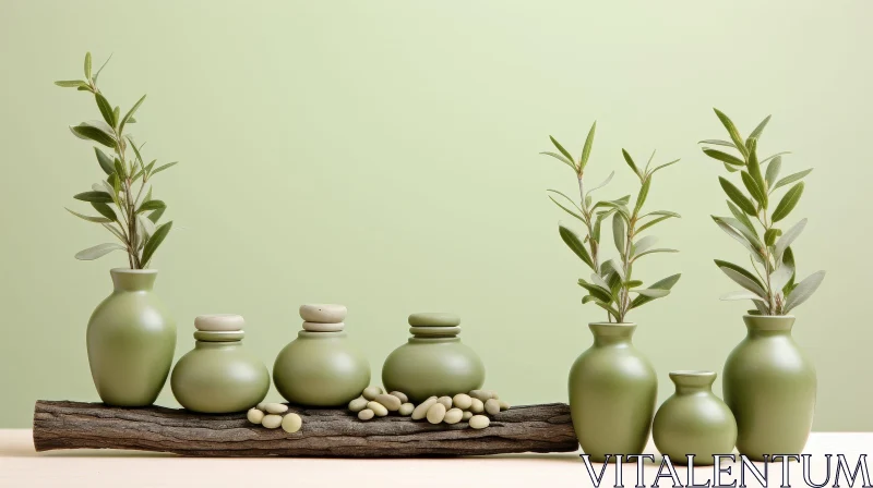 Green Ceramic Vases and Olive Branches Still Life Composition AI Image