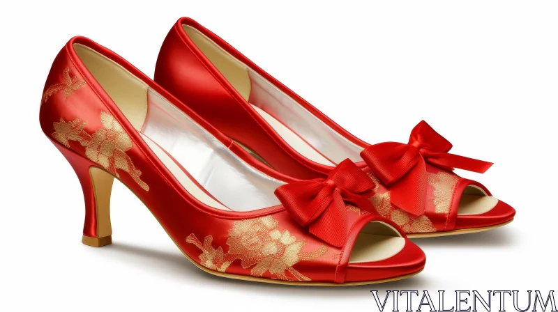 Red Satin Peep-Toe Shoes with Floral Pattern and Bow AI Image