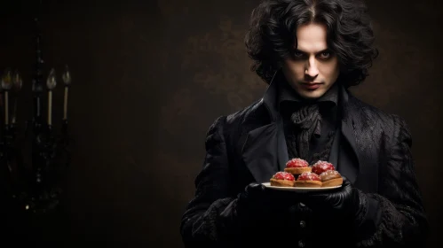 Serious Young Man with Cakes in Black Suit