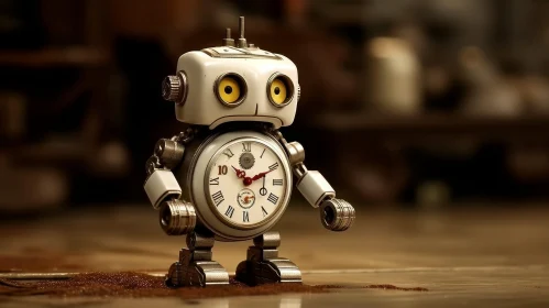 Small Metal Robot with Clock Head - 3D Rendering