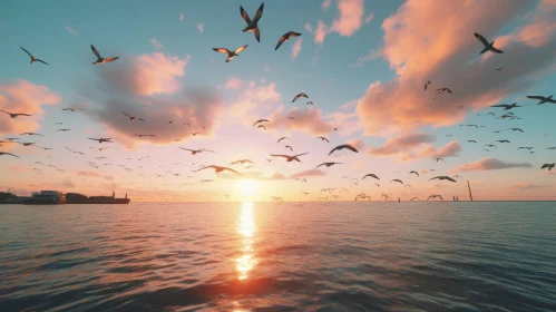 Birds Flying Over Ocean at Sunset