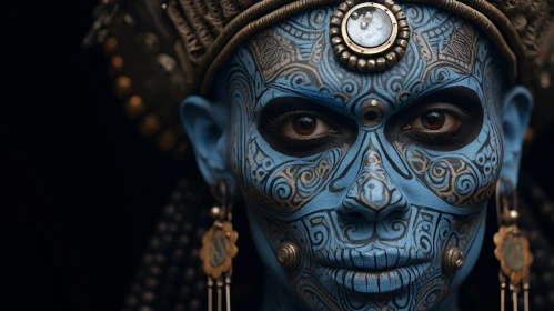 Blue-Skinned Human Face with Elaborate Face Paint