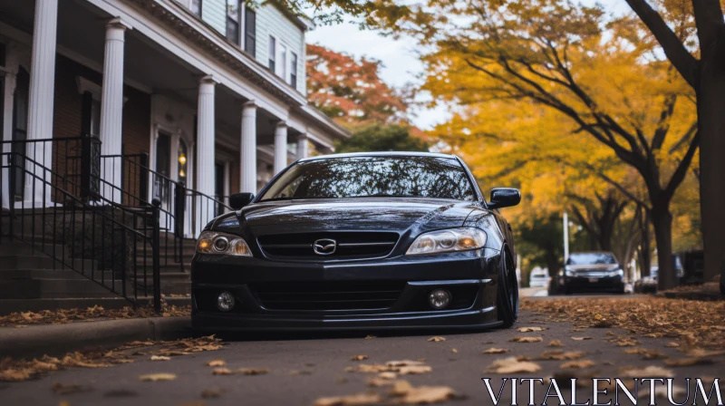 Captivating Image of a Parked Black Car on a Sidewalk with Leaves AI Image