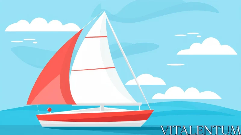 Cartoon Sailboat Sailing on Blue Sea AI Image