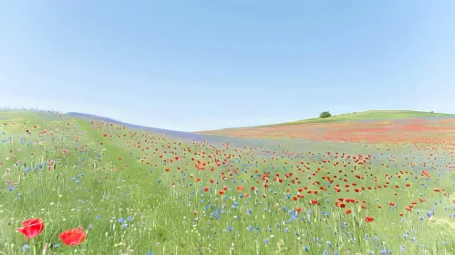 Colorful Field of Red Poppies and Blue Cornflowers