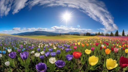 Colorful Tulip Field with Snowy Mountains - Nature's Beauty Captured