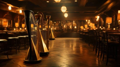 Elegant Grand Hall with Harps | 3D Rendering